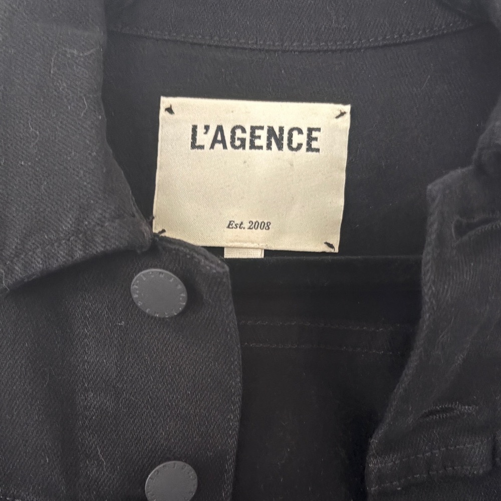 L’AGENCE Black Aria Safety Pin Cropped Distressed Hem Denim Jacket RARE - Picture 7 of 9